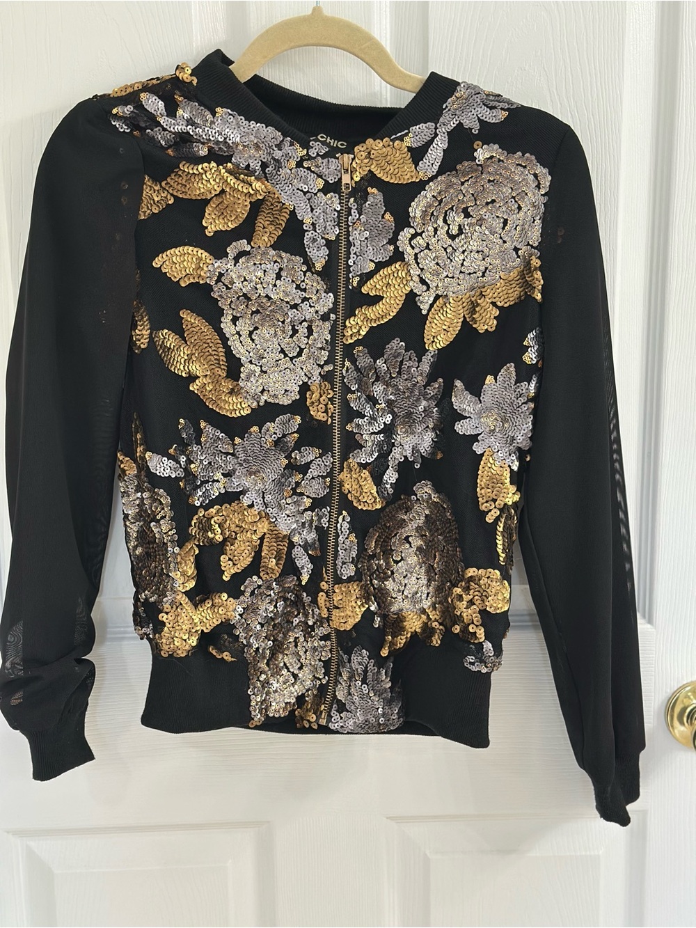 Sequin Floral Black Bomber Jacket by Top Chic